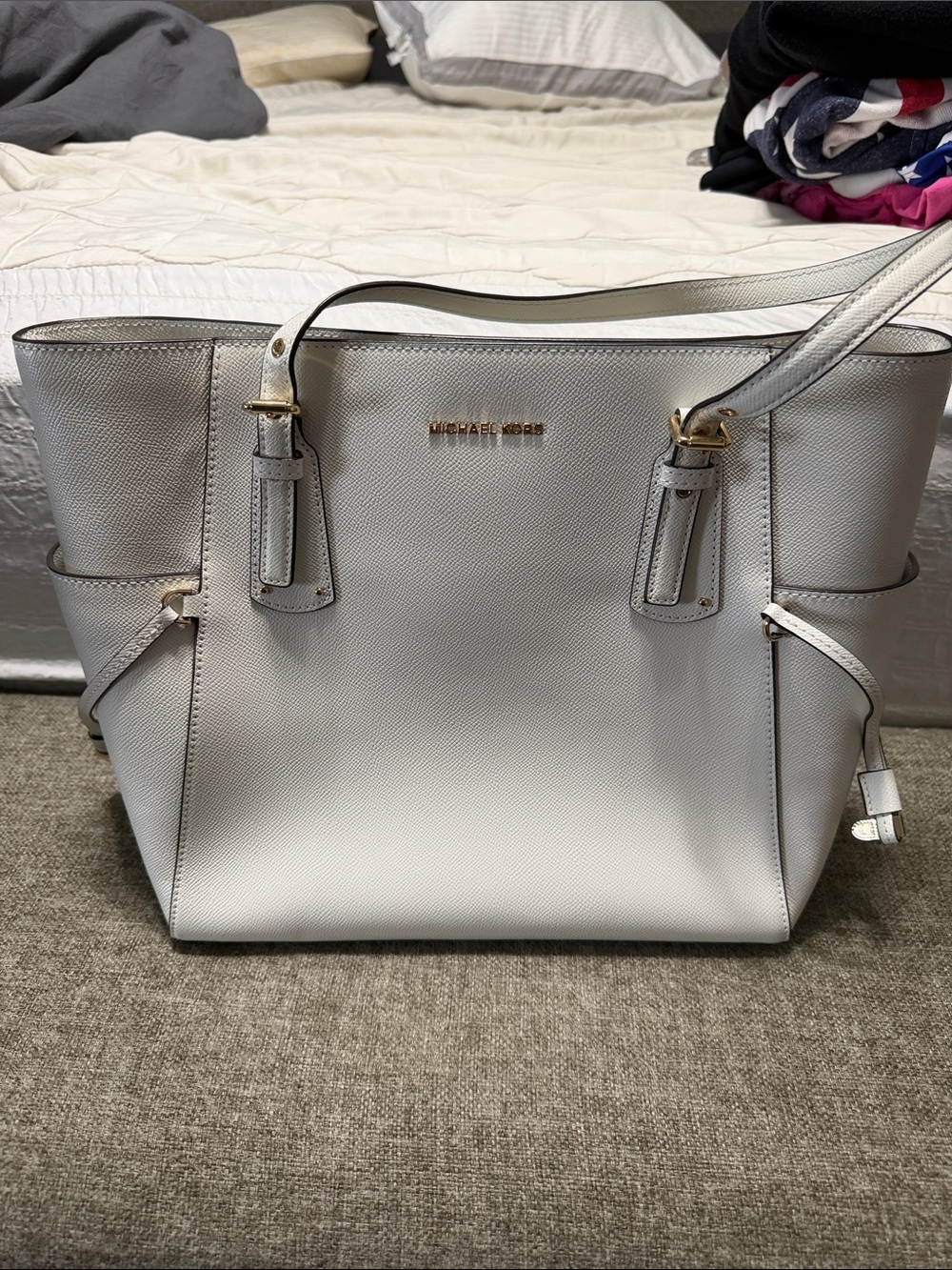 Michael Kors White Saffiano Leather Tote with Gold Hardware